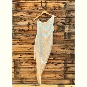 UNBRANDED | Silver White Cream Sequin One Shoulder Fringe Party Dress 3XL